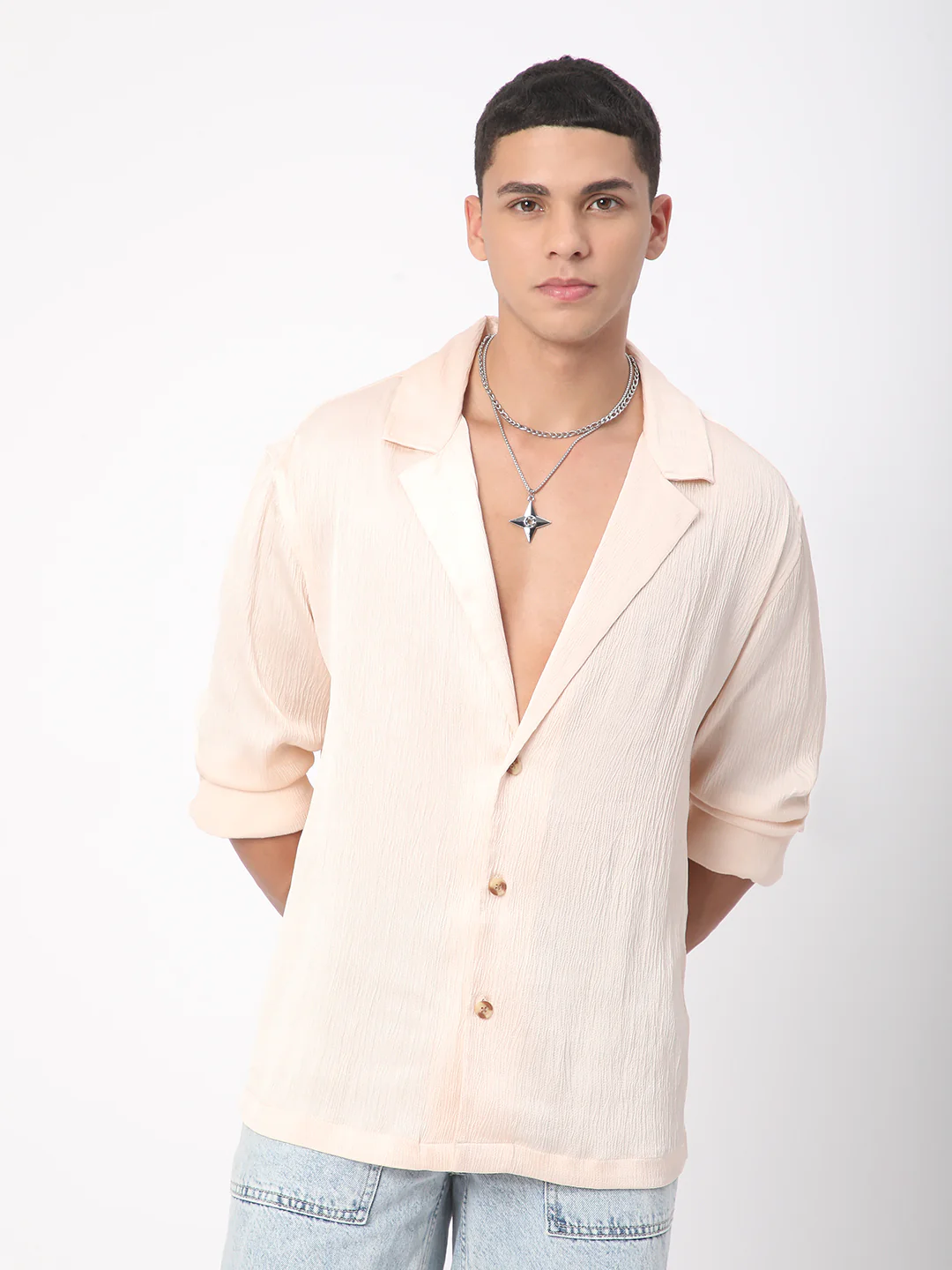 Glinty Cream Notched Lapel Collar Creased Oversized Shirt - Image 4