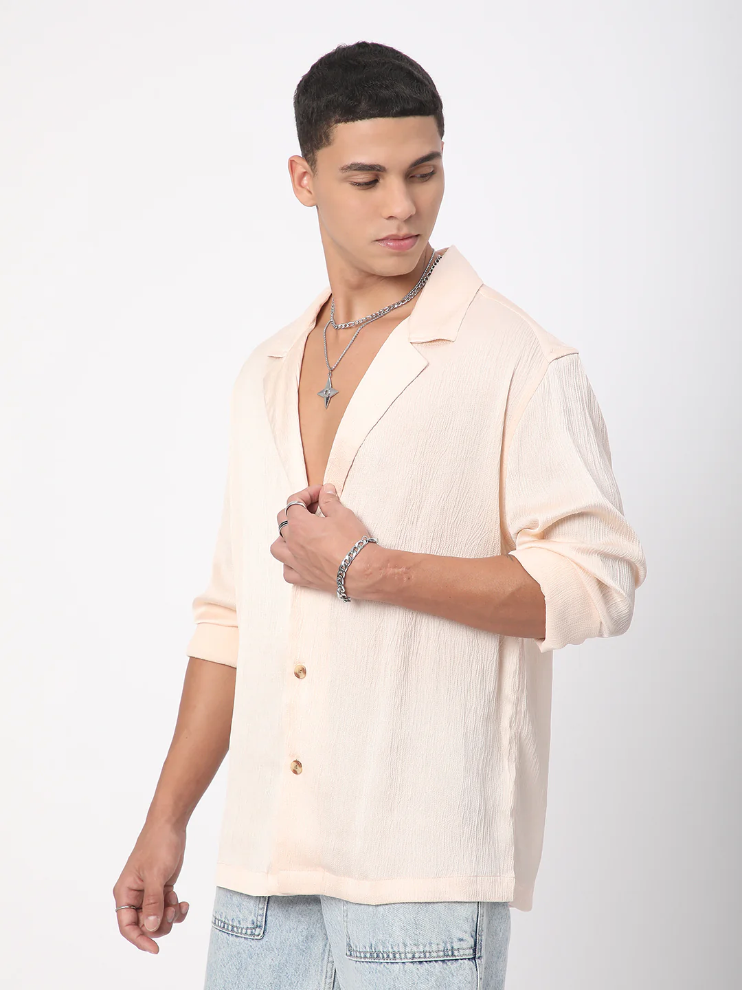 Glinty Cream Notched Lapel Collar Creased Oversized Shirt - Image 5