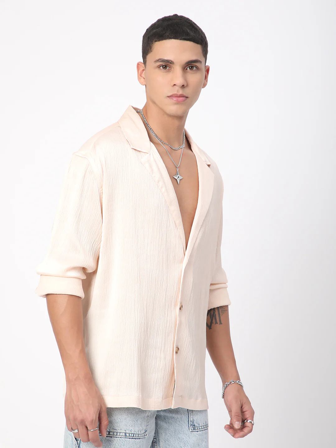 Glinty Cream Notched Lapel Collar Creased Oversized Shirt - Image 6