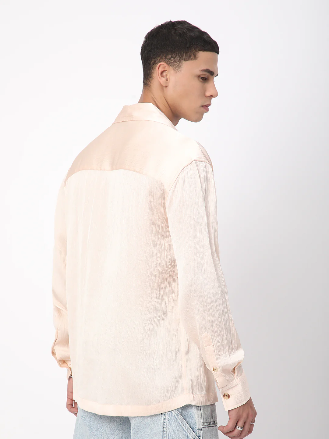 Glinty Cream Notched Lapel Collar Creased Oversized Shirt - Image 7