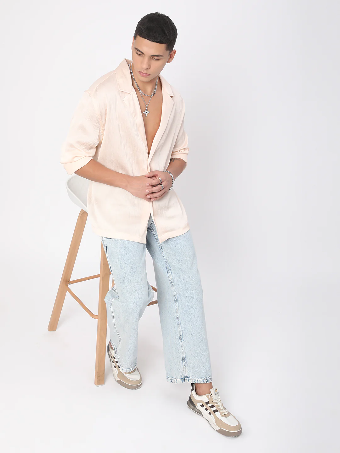 Glinty Cream Notched Lapel Collar Creased Oversized Shirt - Image 8