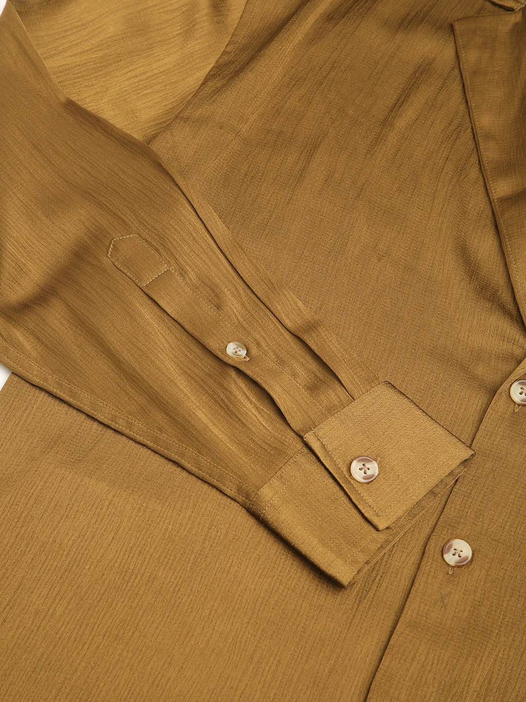 Glinty Tawny Brown Notched Lapel Collar Creased Oversized Shirt - Image 3