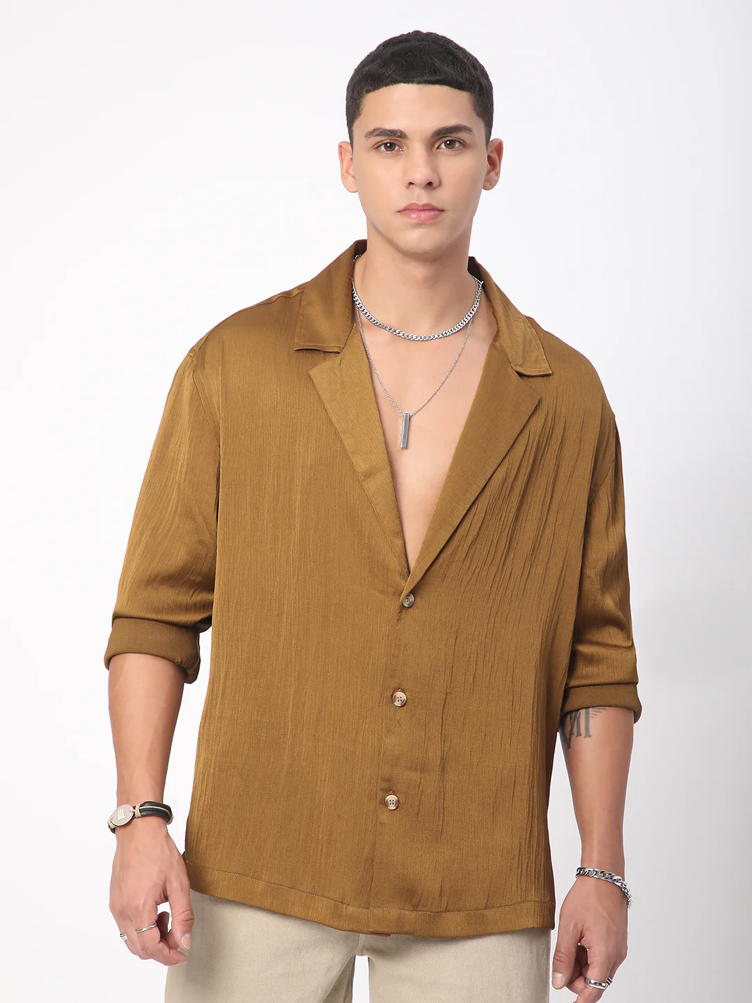 Glinty Tawny Brown Notched Lapel Collar Creased Oversized Shirt - Image 4