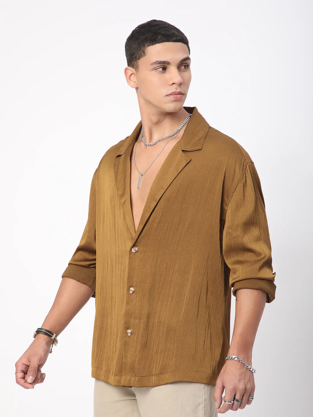 Glinty Tawny Brown Notched Lapel Collar Creased Oversized Shirt - Image 5
