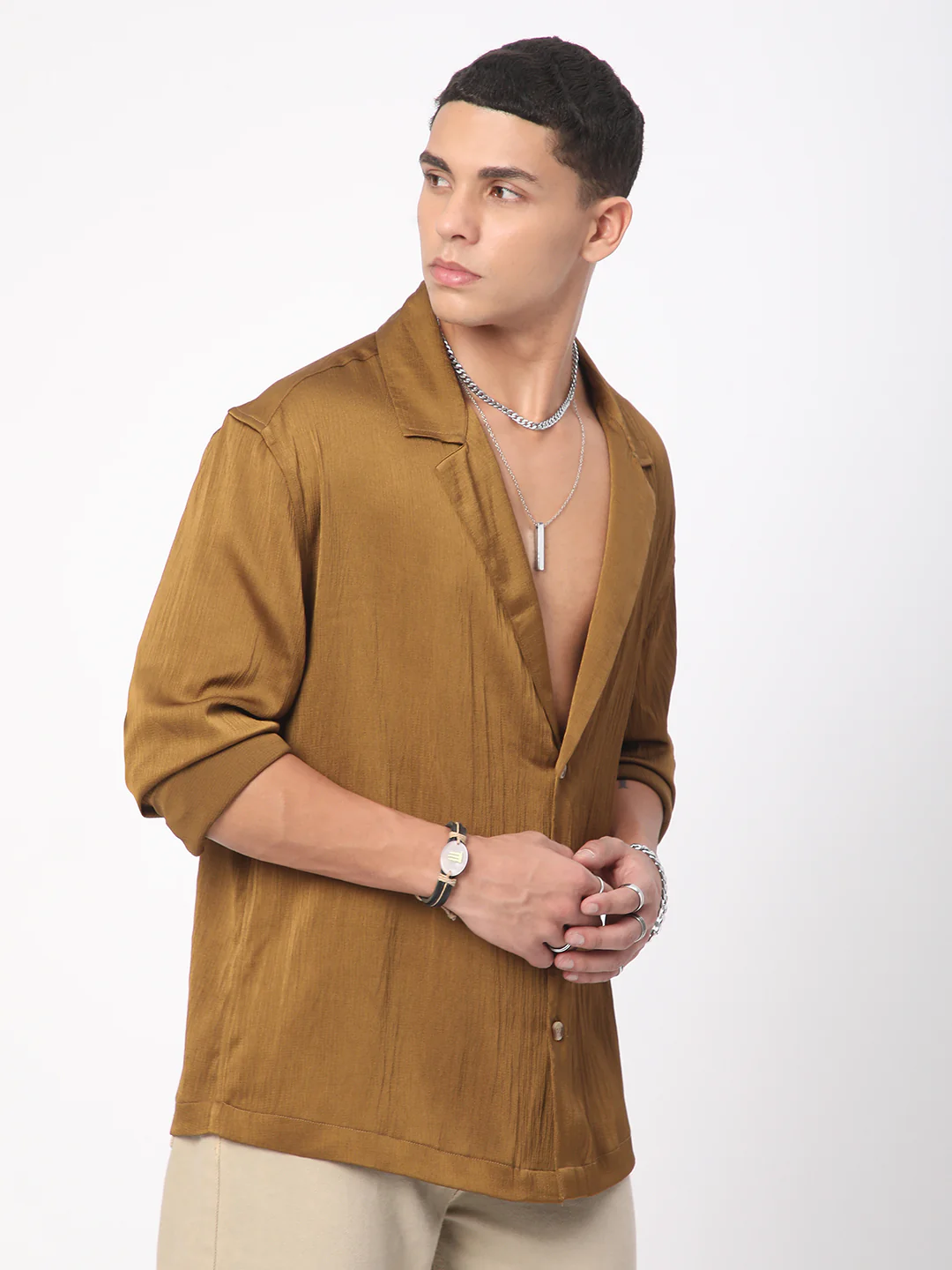 Glinty Tawny Brown Notched Lapel Collar Creased Oversized Shirt - Image 6