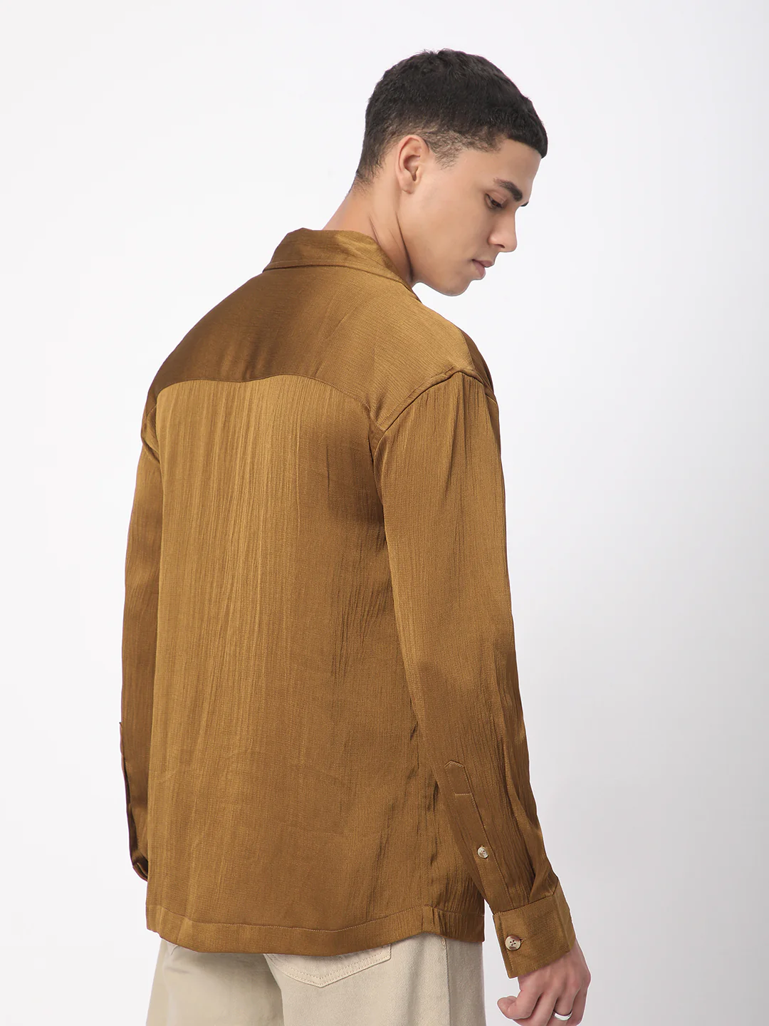 Glinty Tawny Brown Notched Lapel Collar Creased Oversized Shirt - Image 7