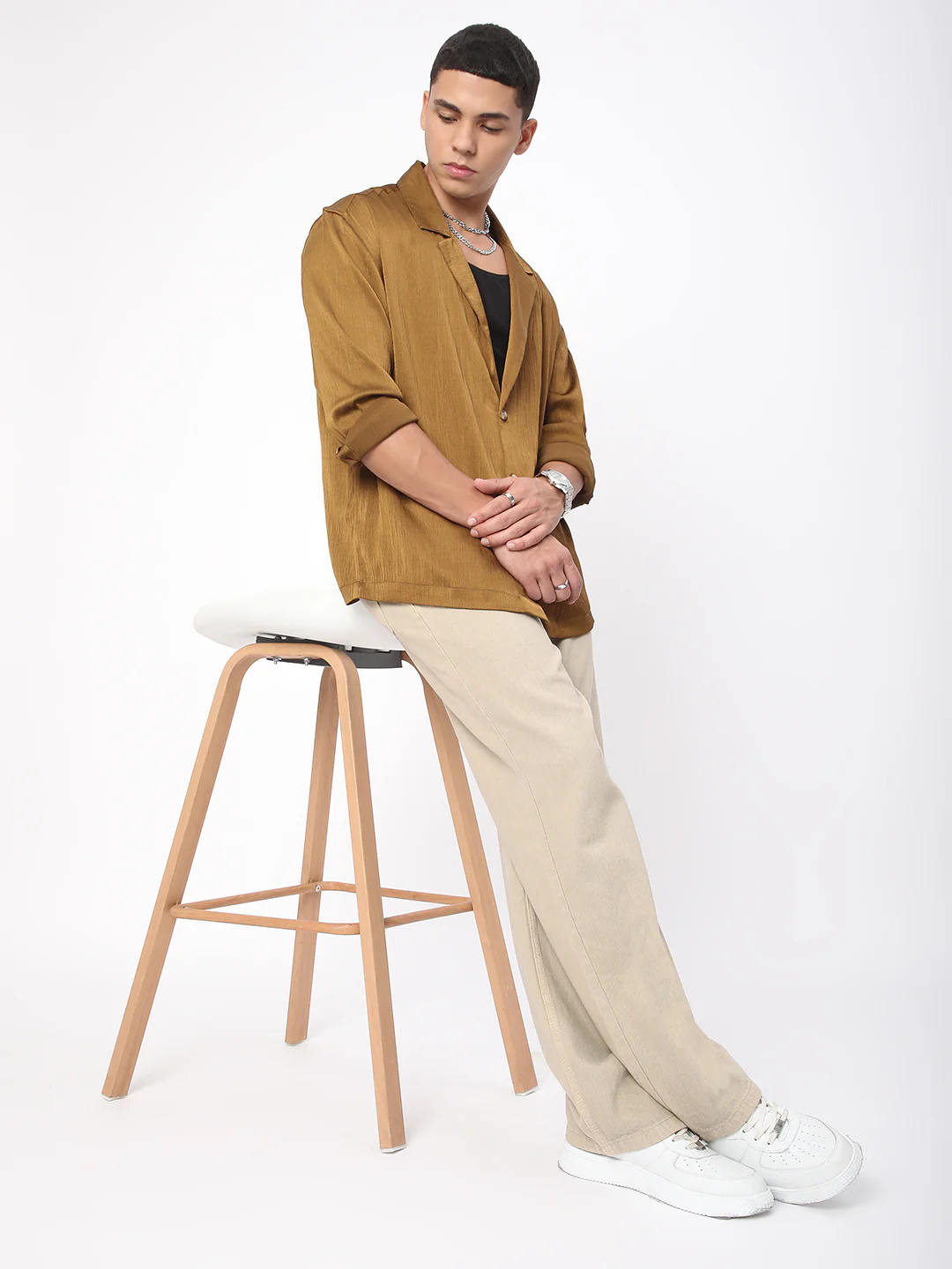 Glinty Tawny Brown Notched Lapel Collar Creased Oversized Shirt - Image 8