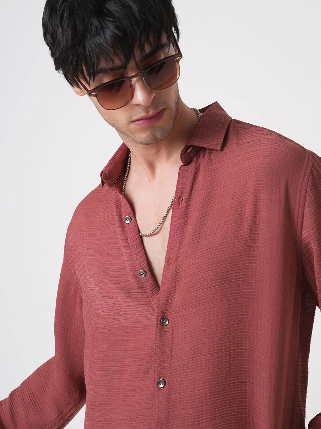 Glossy Rust Textured Chiffon Shirt - Image 2