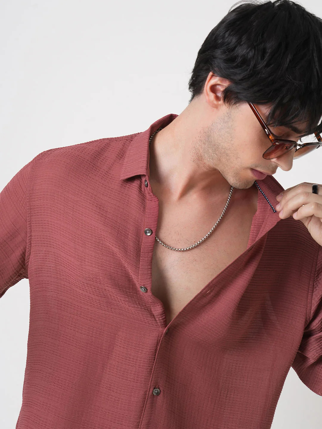 Glossy Rust Textured Chiffon Shirt - Image 3