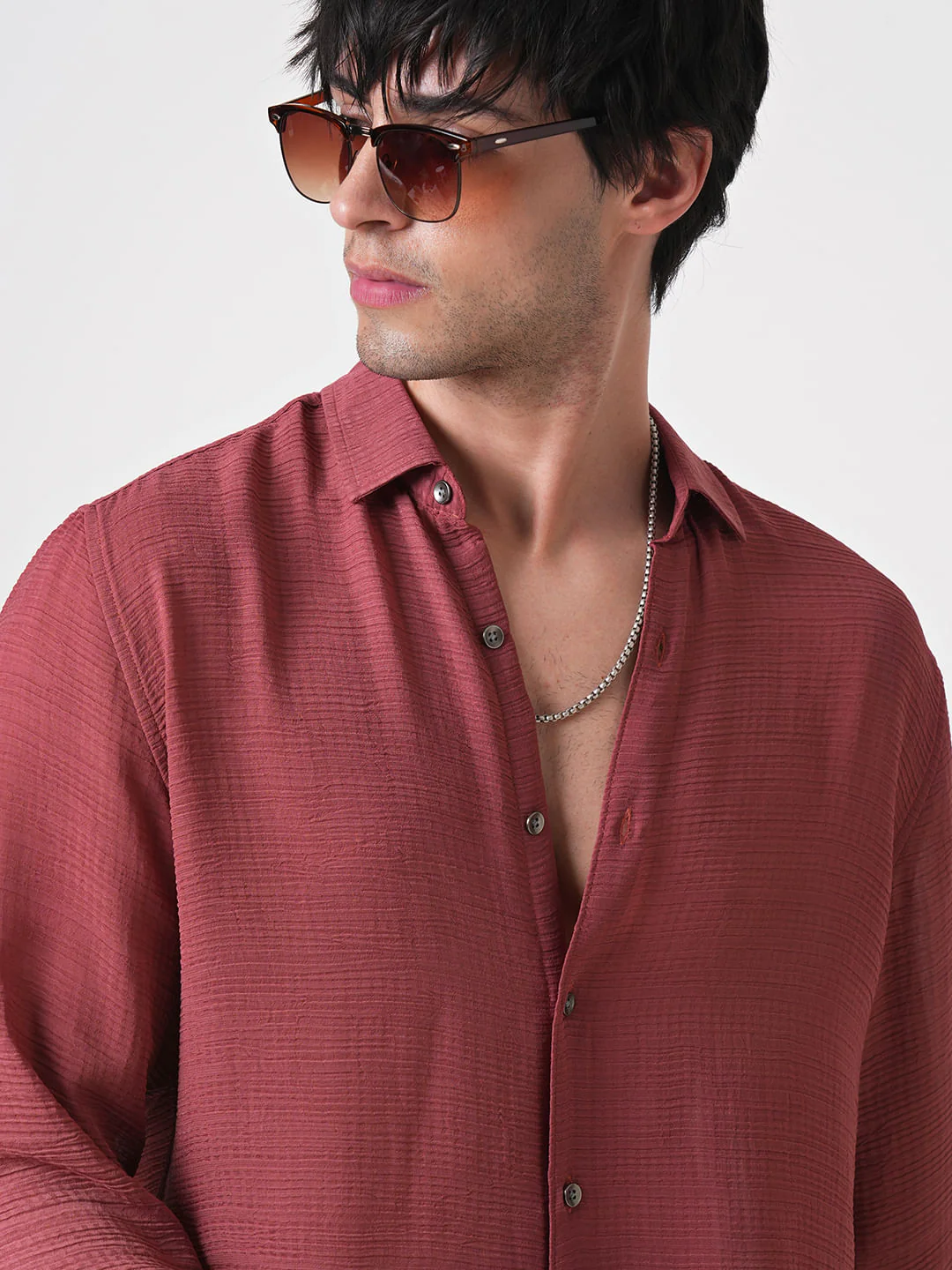 Glossy Rust Textured Chiffon Shirt - Image 4
