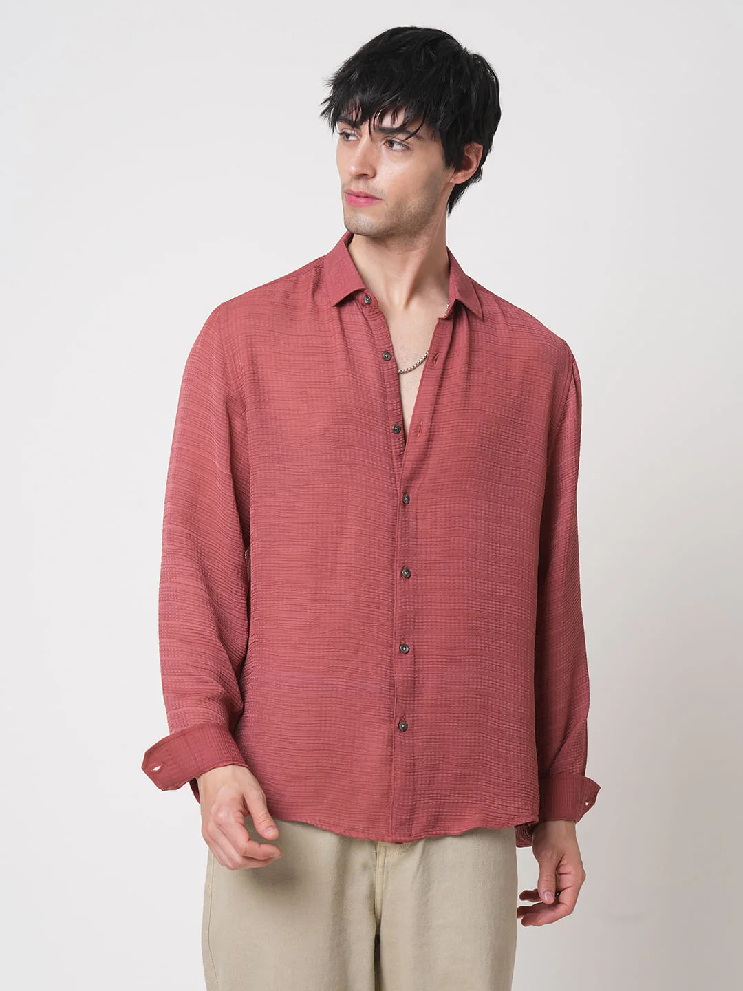Glossy Rust Textured Chiffon Shirt - Image 5