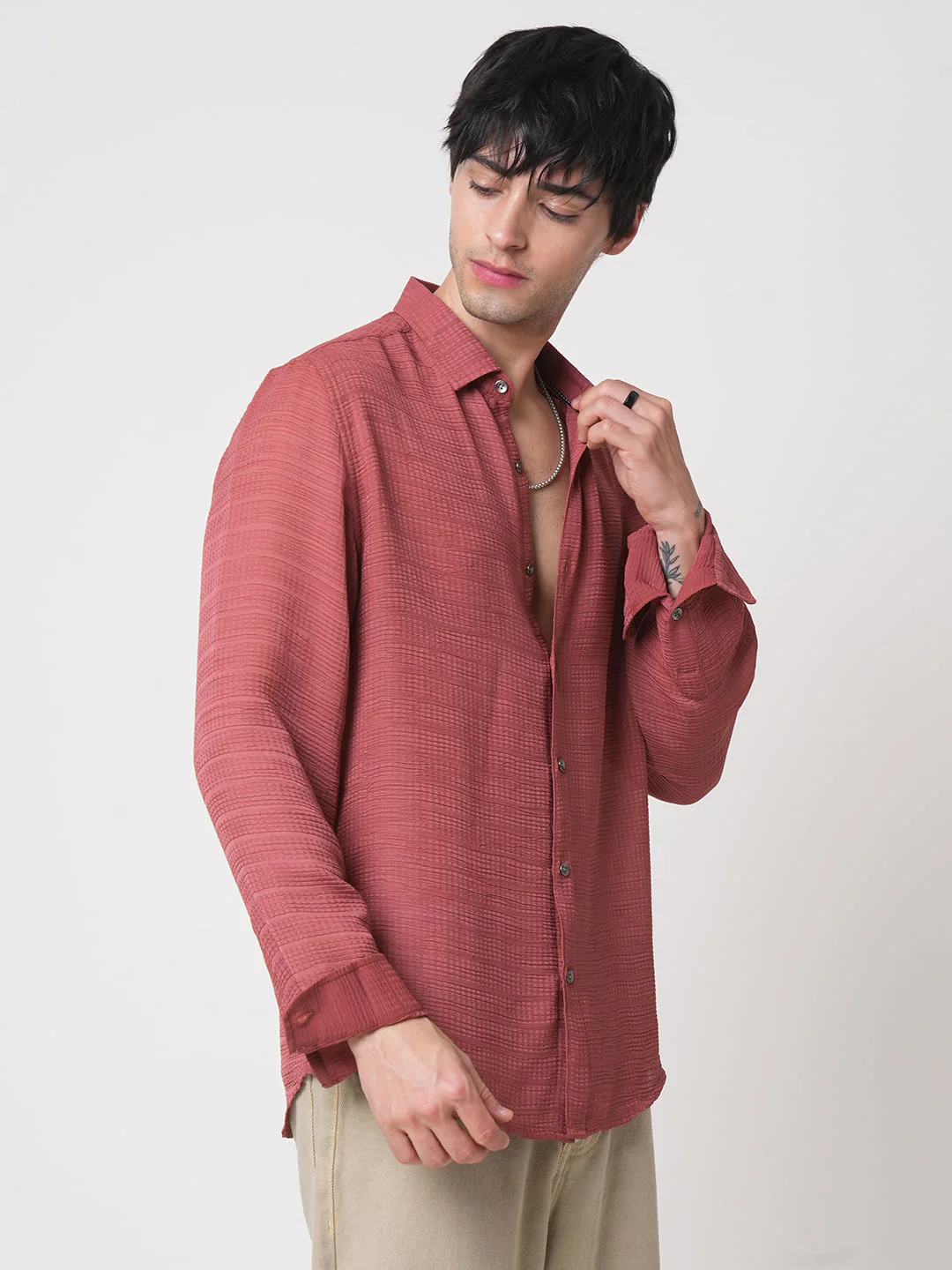 Glossy Rust Textured Chiffon Shirt - Image 6