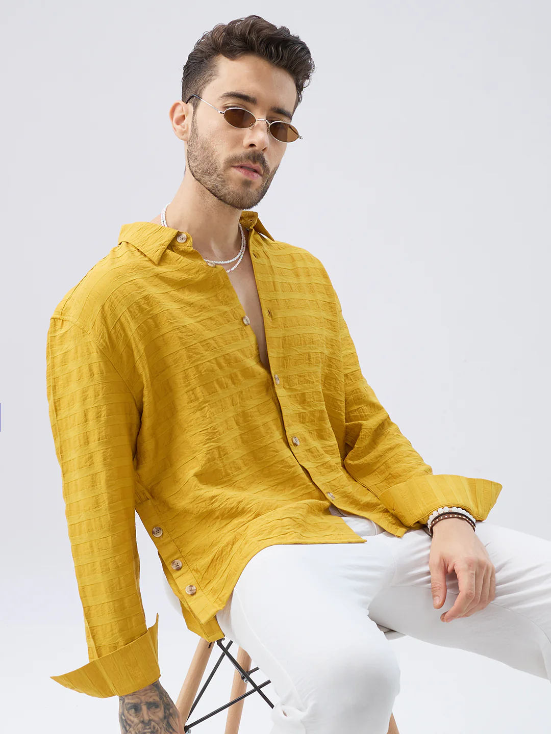 Golden Hour Textured Side-Slit Button Oversized Crop Shirt - Image 2