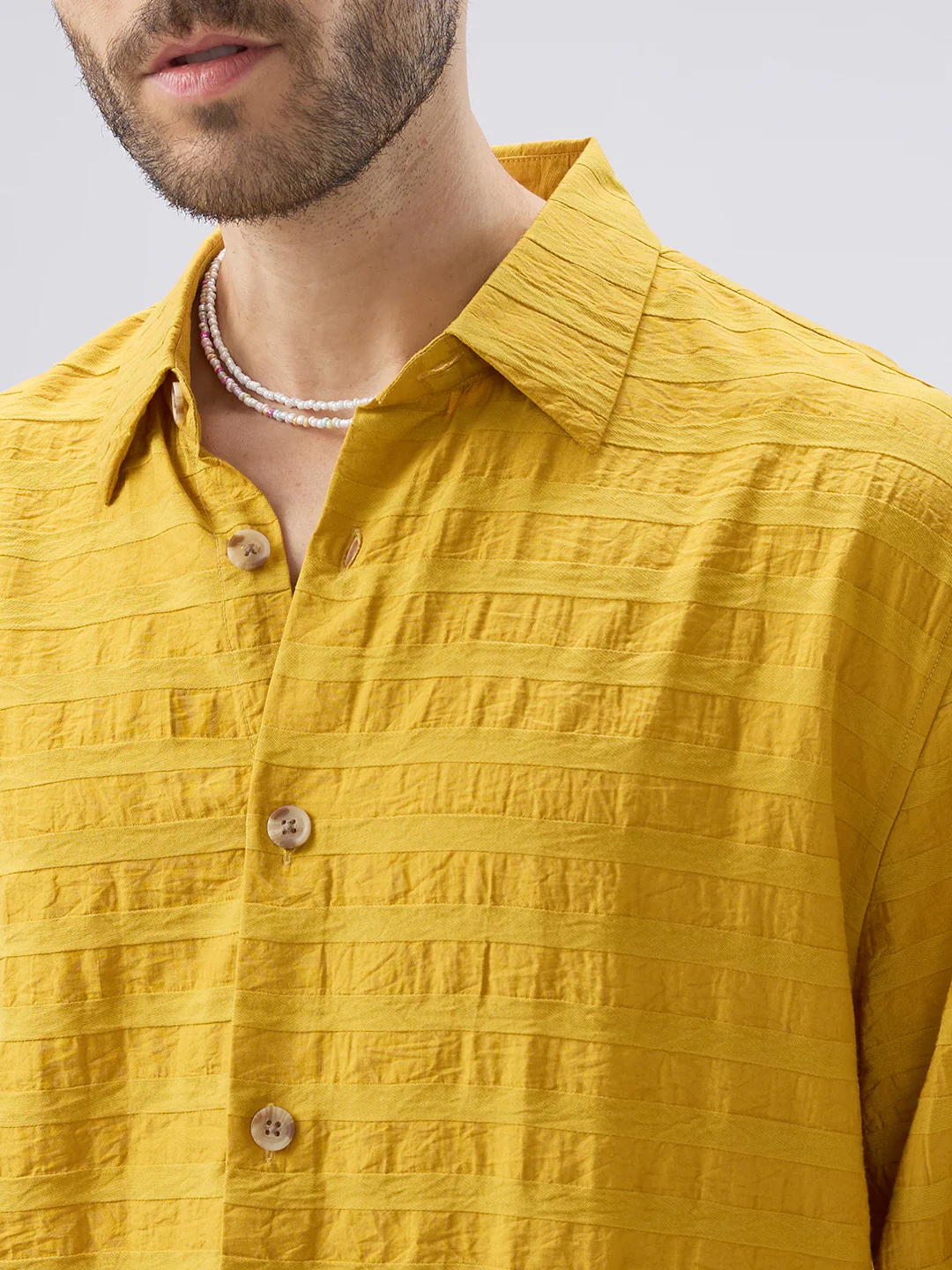 Golden Hour Textured Side-Slit Button Oversized Crop Shirt - Image 3