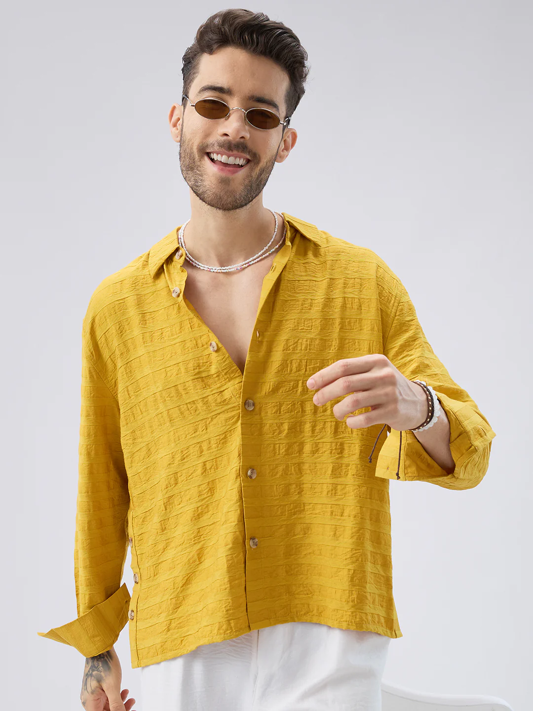 Golden Hour Textured Side-Slit Button Oversized Crop Shirt - Image 4