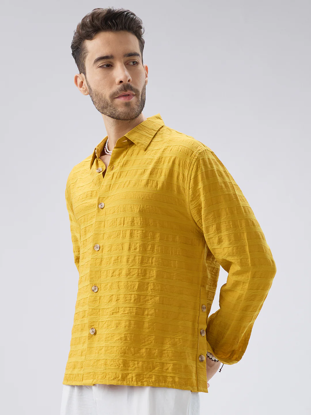 Golden Hour Textured Side-Slit Button Oversized Crop Shirt - Image 5