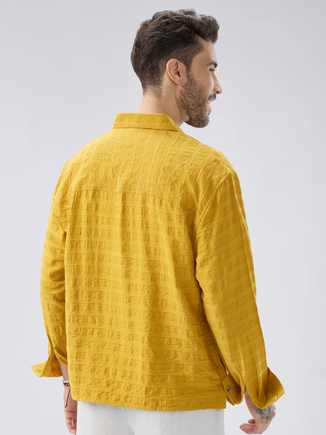 Golden Hour Textured Side-Slit Button Oversized Crop Shirt - Image 6