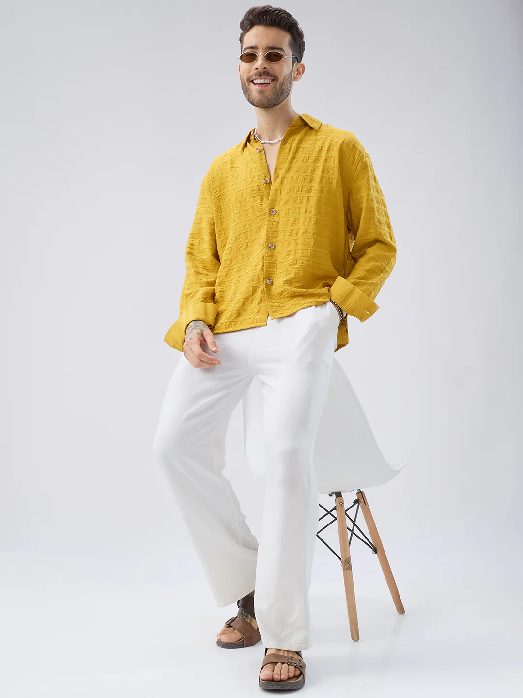 Golden Hour Textured Side-Slit Button Oversized Crop Shirt - Image 7