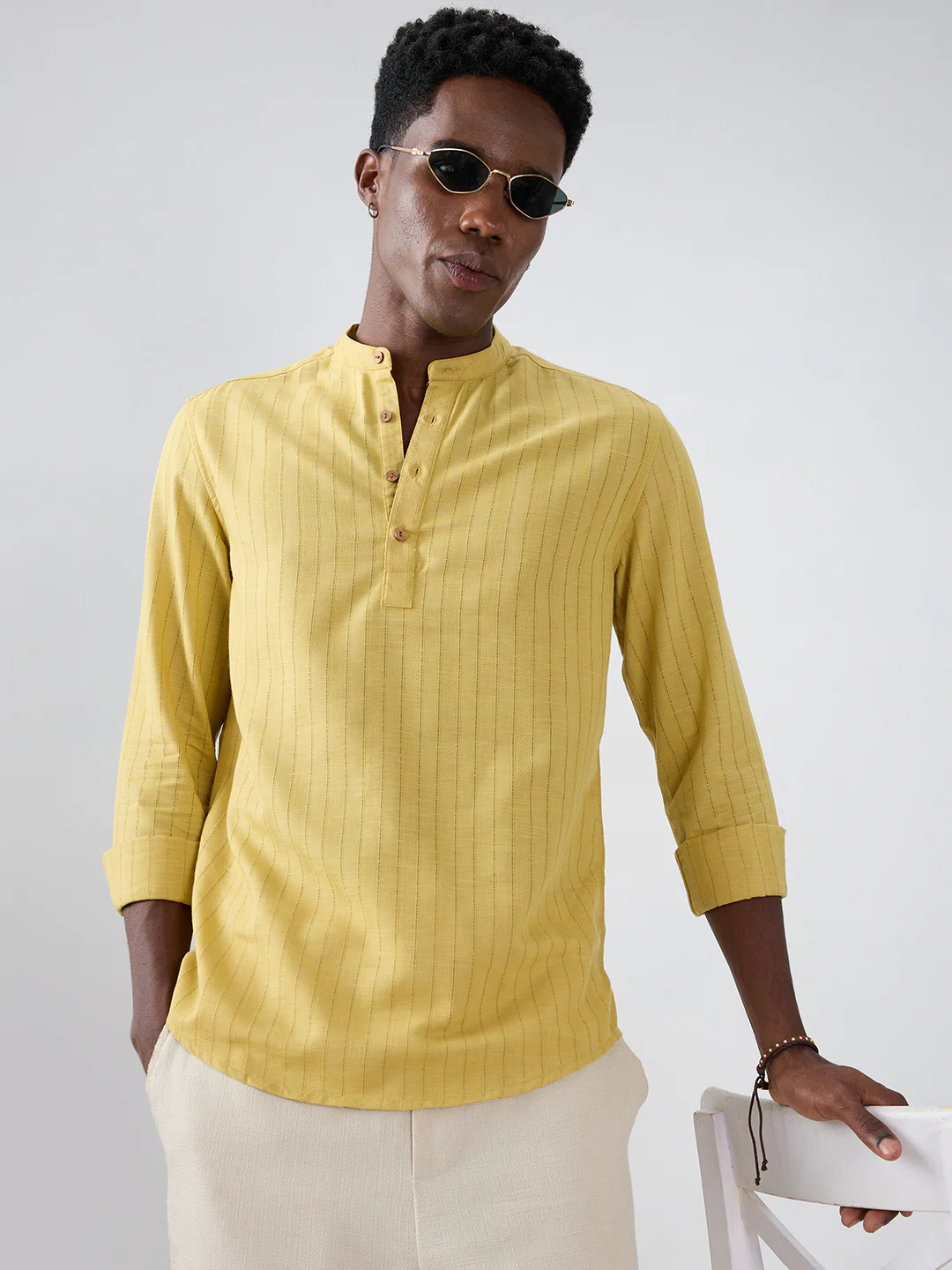 Golden Ladder Striped Subtle Textured Kurta - Image 2