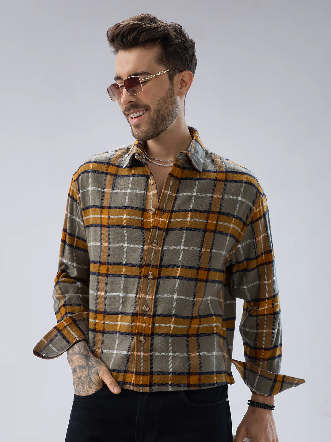 Golden Ochre Grey Checks Boxy Fit Cropped Flannel Shirt - Image 2