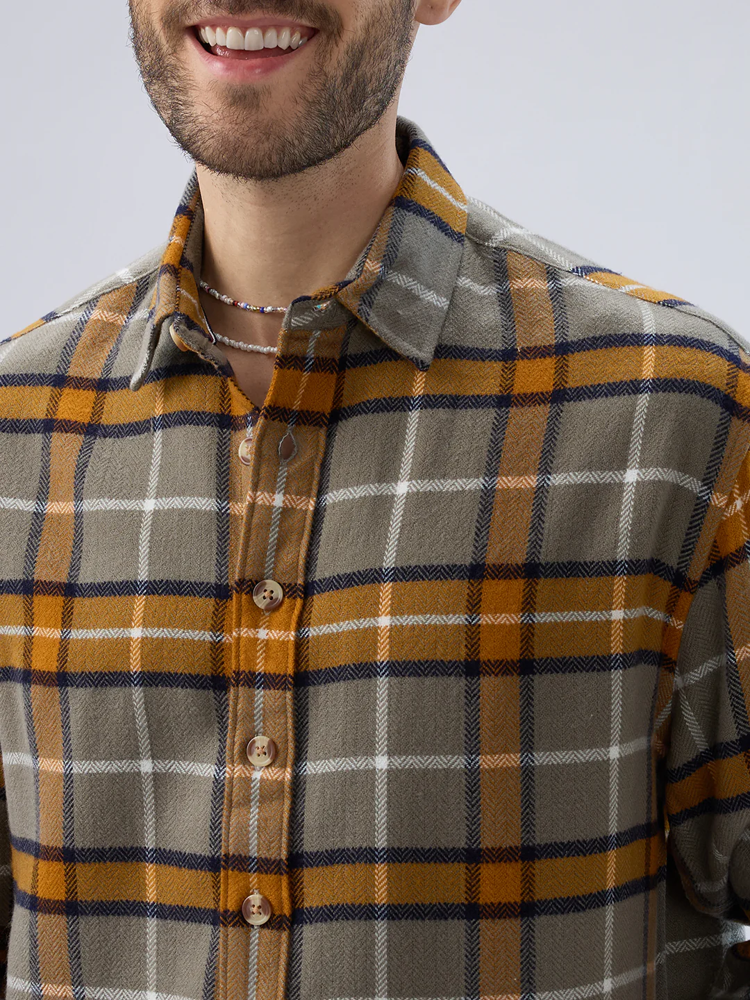Golden Ochre Grey Checks Boxy Fit Cropped Flannel Shirt - Image 3