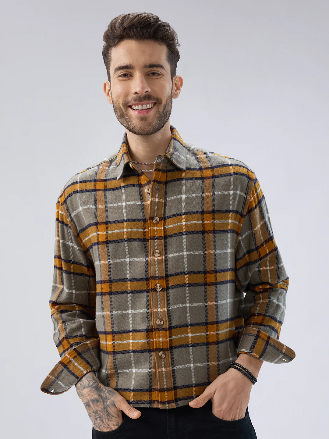 Golden Ochre Grey Checks Boxy Fit Cropped Flannel Shirt - Image 4