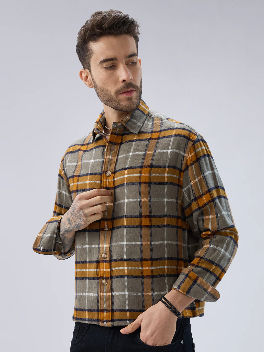 Golden Ochre Grey Checks Boxy Fit Cropped Flannel Shirt - Image 5