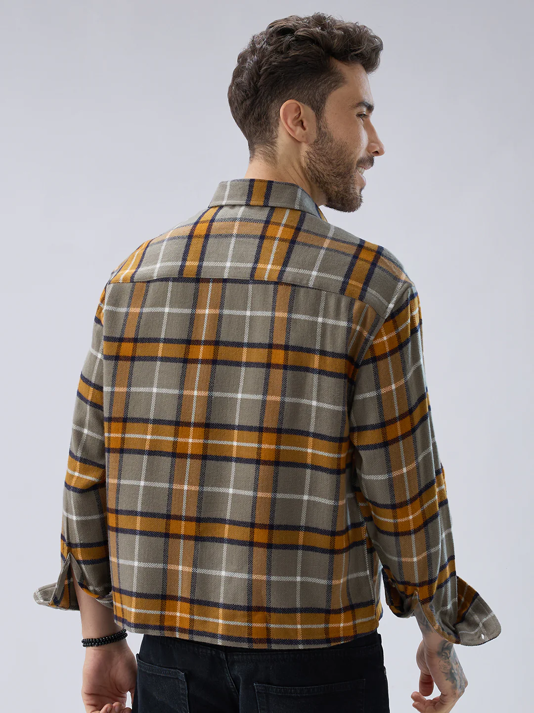 Golden Ochre Grey Checks Boxy Fit Cropped Flannel Shirt - Image 6