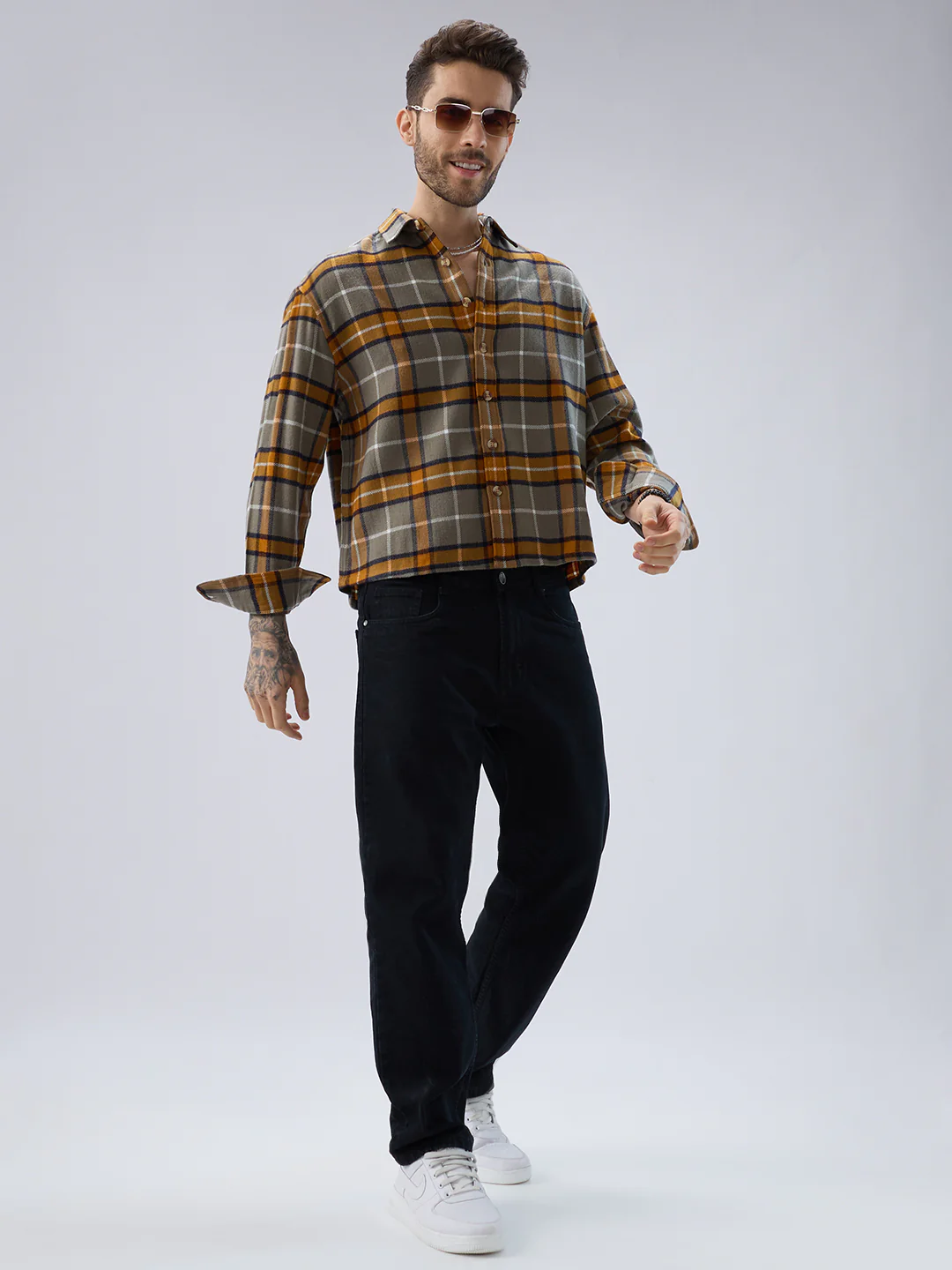 Golden Ochre Grey Checks Boxy Fit Cropped Flannel Shirt - Image 7