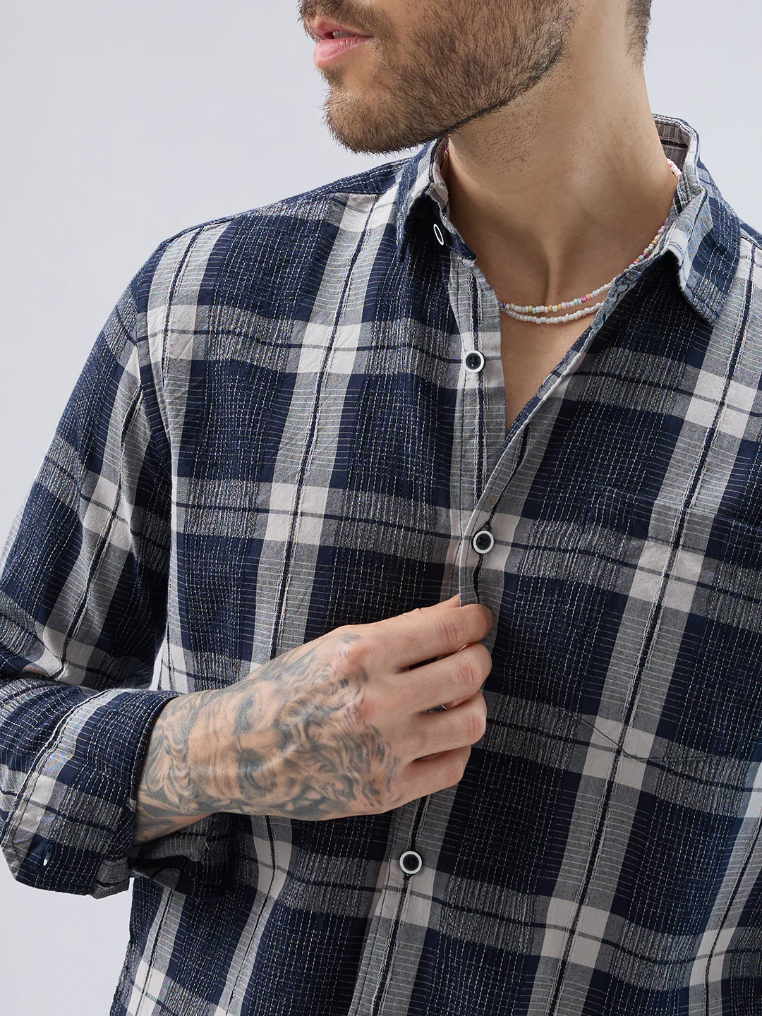 Graphite Blue Contrast Stitch Multi-Check Jacquard Shirt - Image 3