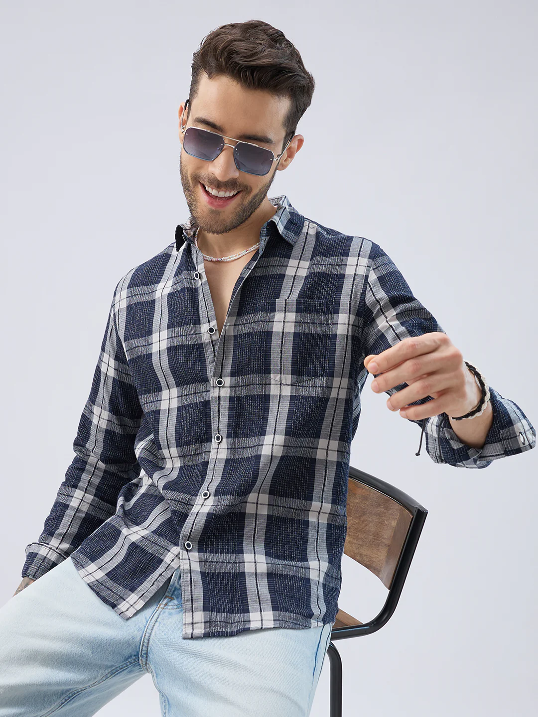 Graphite Blue Contrast Stitch Multi-Check Jacquard Shirt - Image 4