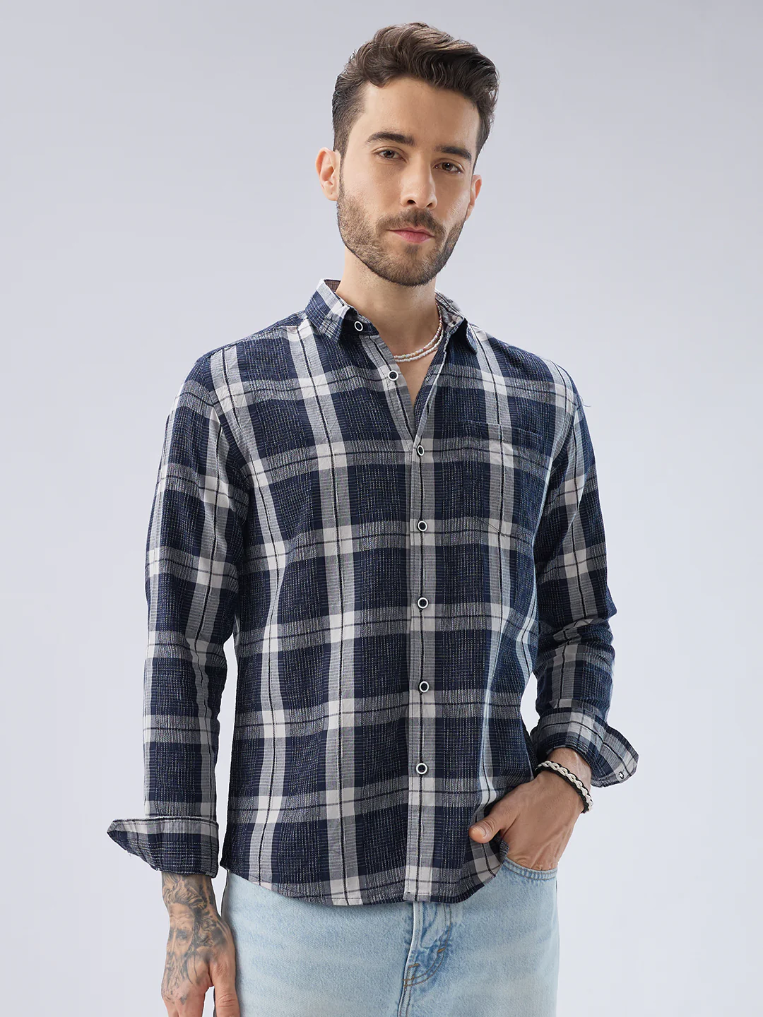 Graphite Blue Contrast Stitch Multi-Check Jacquard Shirt - Image 5