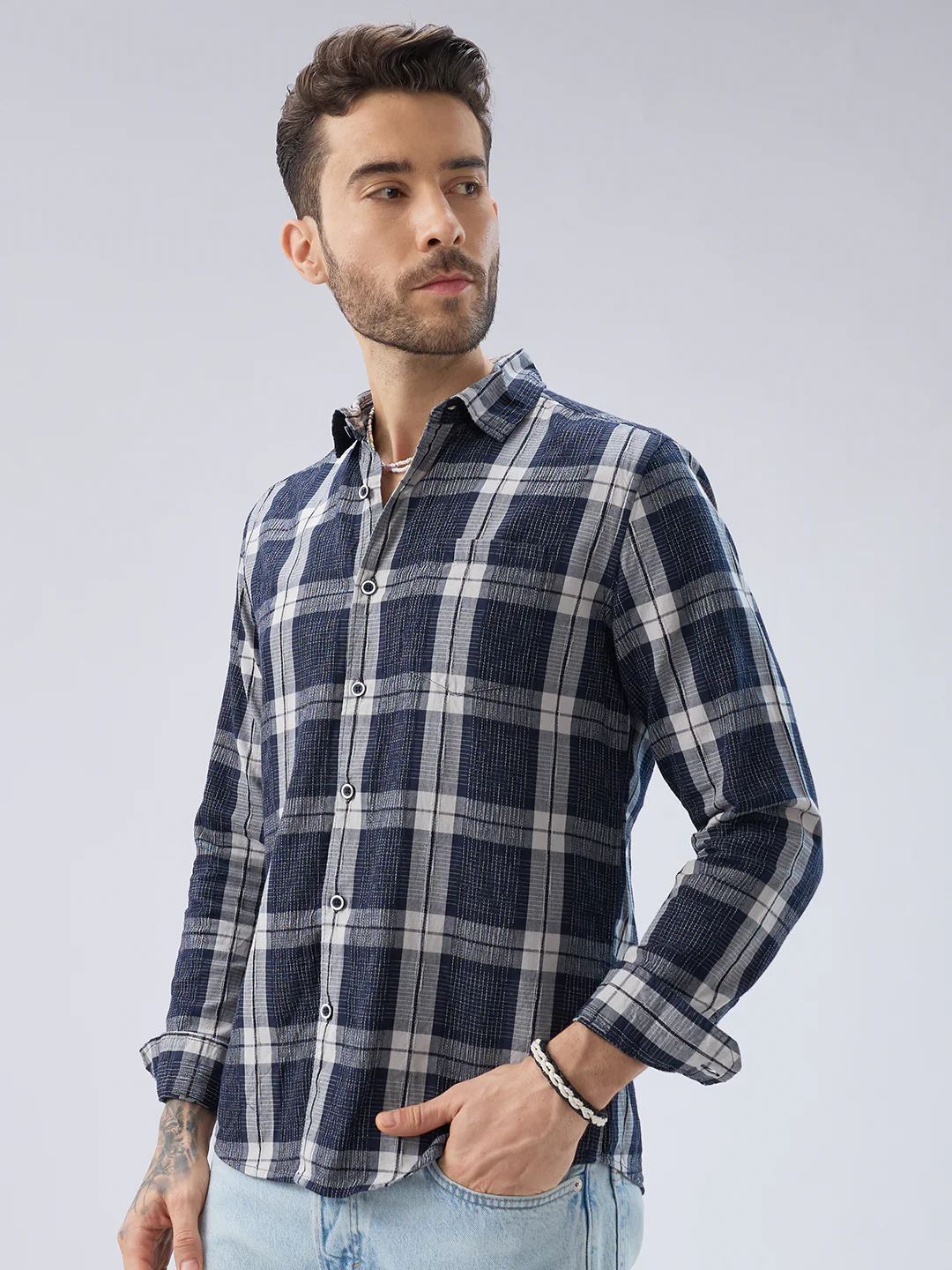 Graphite Blue Contrast Stitch Multi-Check Jacquard Shirt - Image 6