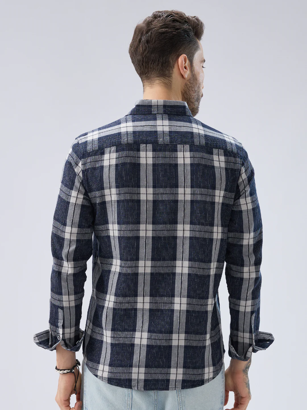 Graphite Blue Contrast Stitch Multi-Check Jacquard Shirt - Image 7