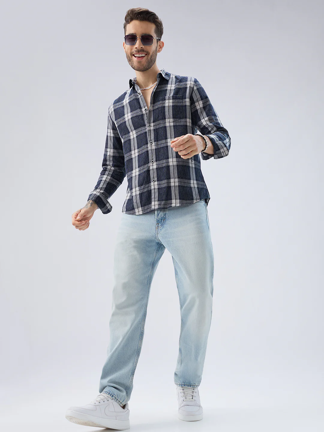 Graphite Blue Contrast Stitch Multi-Check Jacquard Shirt - Image 8