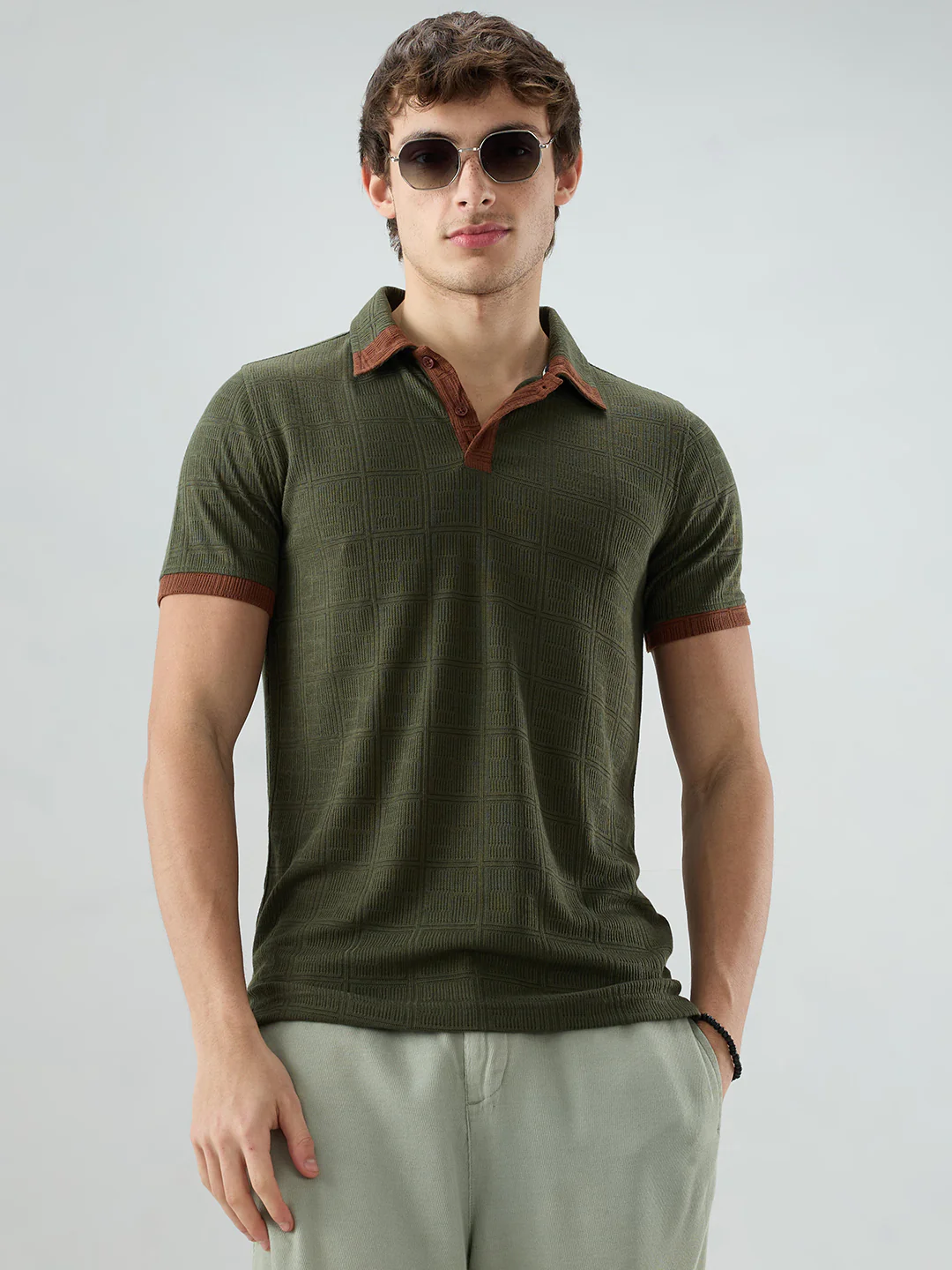 Green Contrast Polo Neck Knit T-shirt - Image 4
