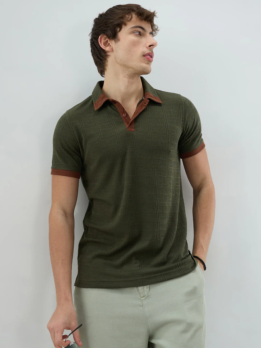 Green Contrast Polo Neck Knit T-shirt - Image 5
