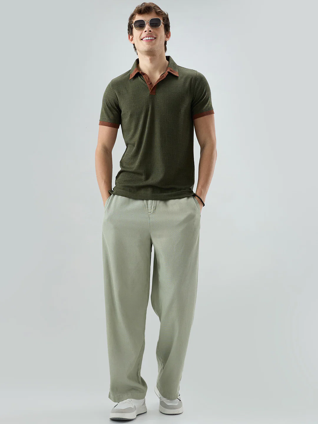 Green Contrast Polo Neck Knit T-shirt - Image 8