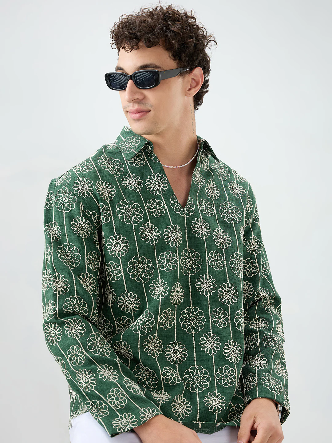 Green Floral Embroidered Oversized Polo Neck Shirt - Image 2