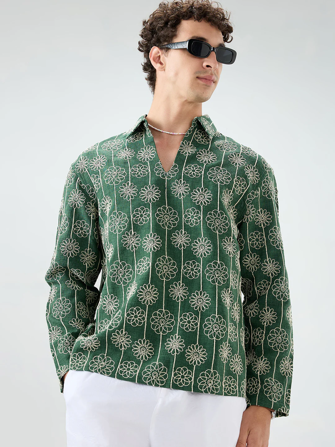 Green Floral Embroidered Oversized Polo Neck Shirt - Image 4