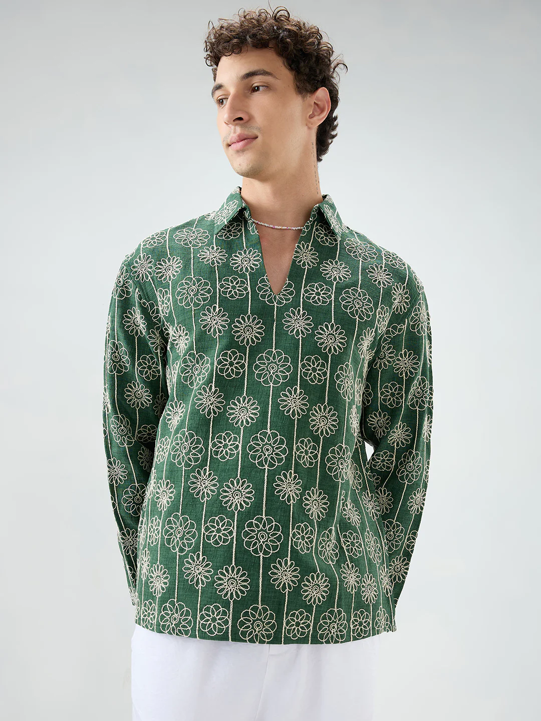 Green Floral Embroidered Oversized Polo Neck Shirt - Image 5