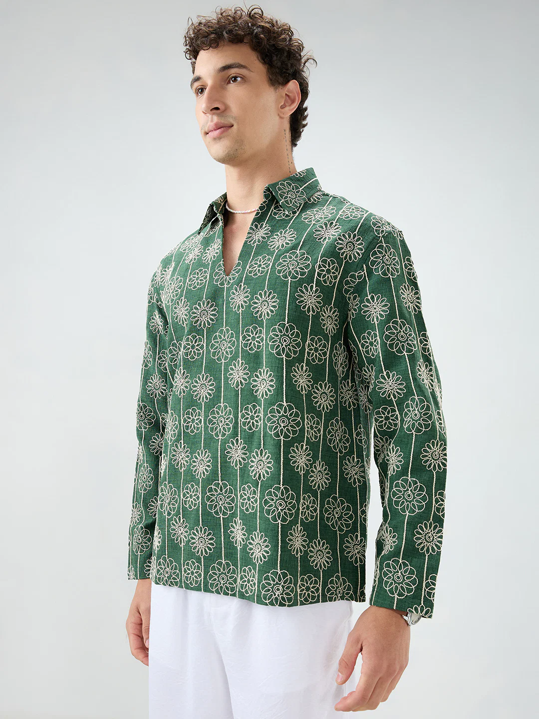 Green Floral Embroidered Oversized Polo Neck Shirt - Image 6