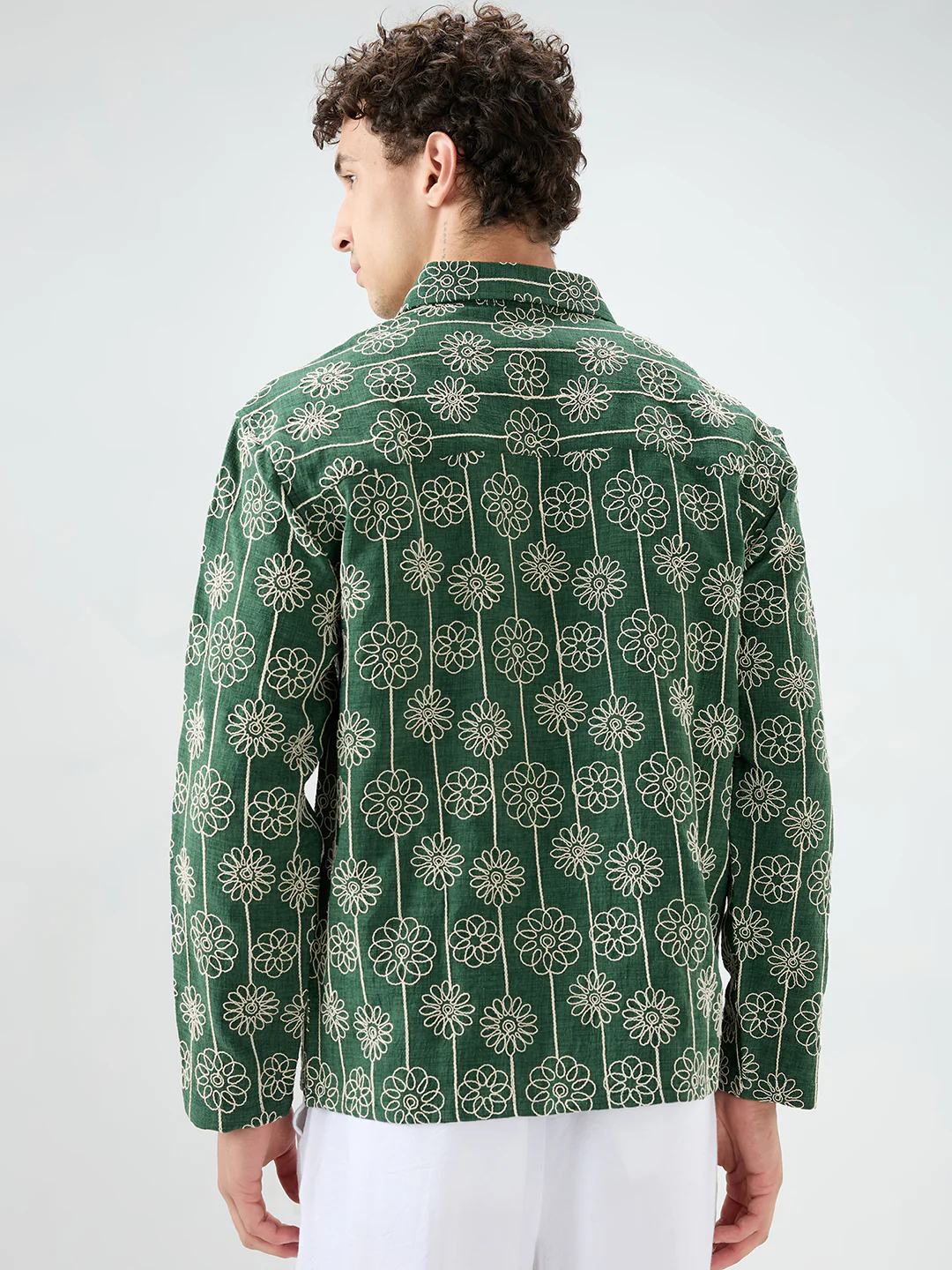 Green Floral Embroidered Oversized Polo Neck Shirt - Image 7