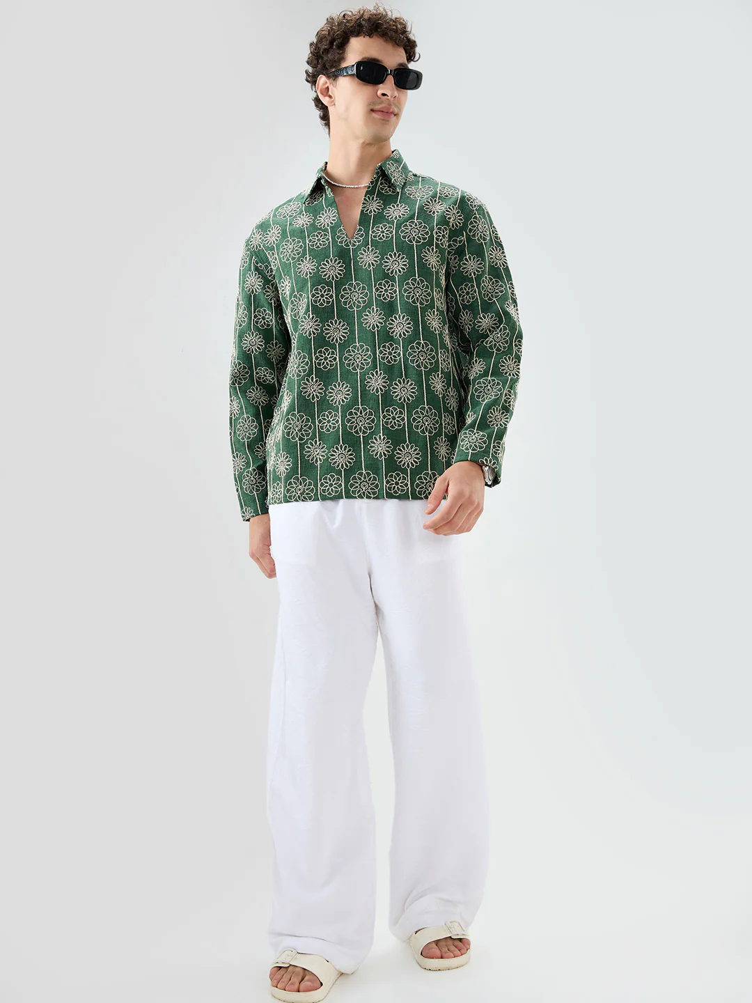 Green Floral Embroidered Oversized Polo Neck Shirt - Image 8