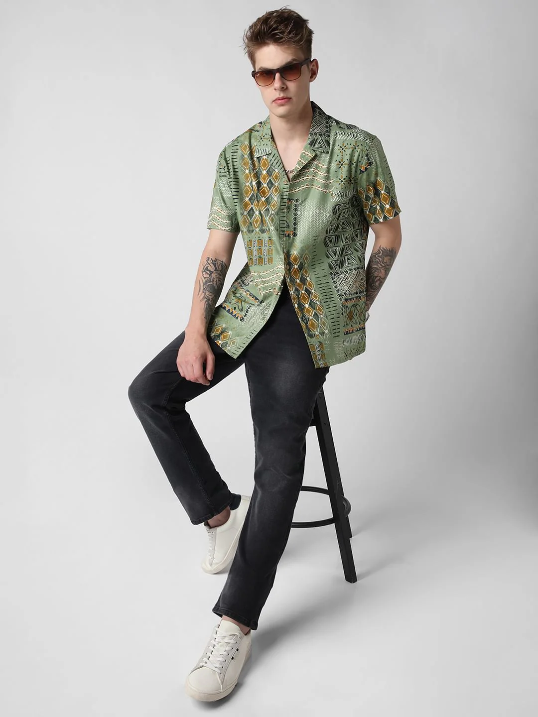 Green Indie Folk Printed Oversized Shirt - Image 7