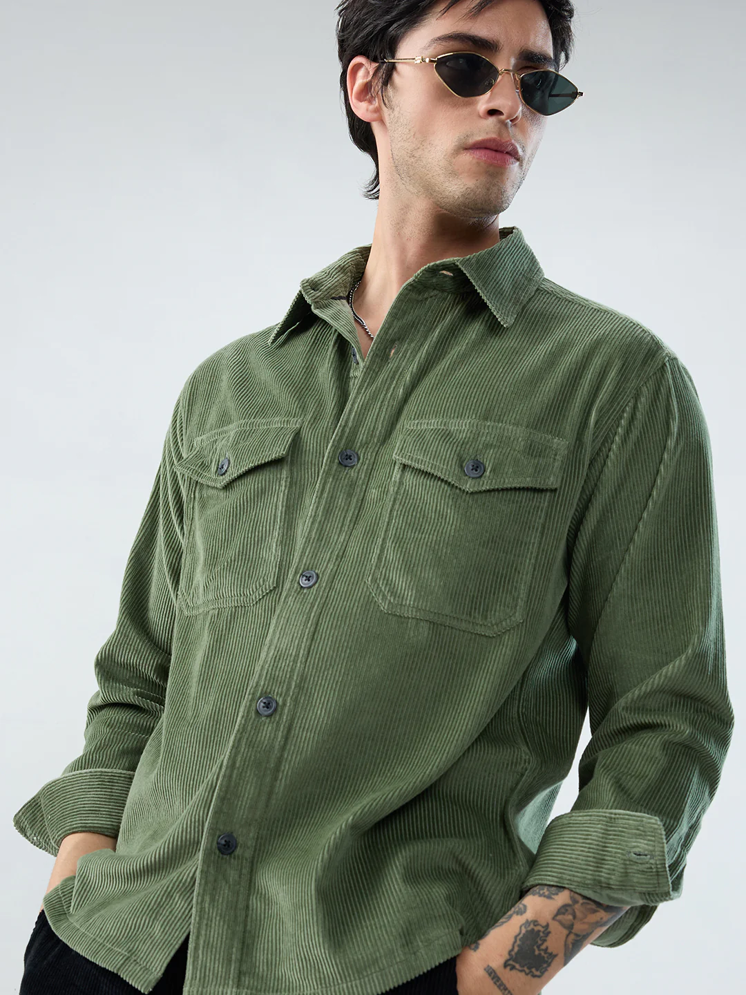 Green Mossline Structured Corduroy Double Pocket Overshirt - Image 2
