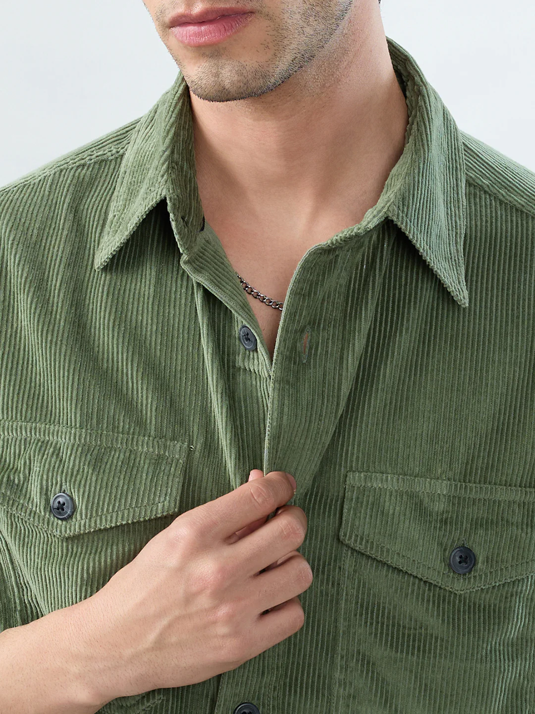 Green Mossline Structured Corduroy Double Pocket Overshirt - Image 3