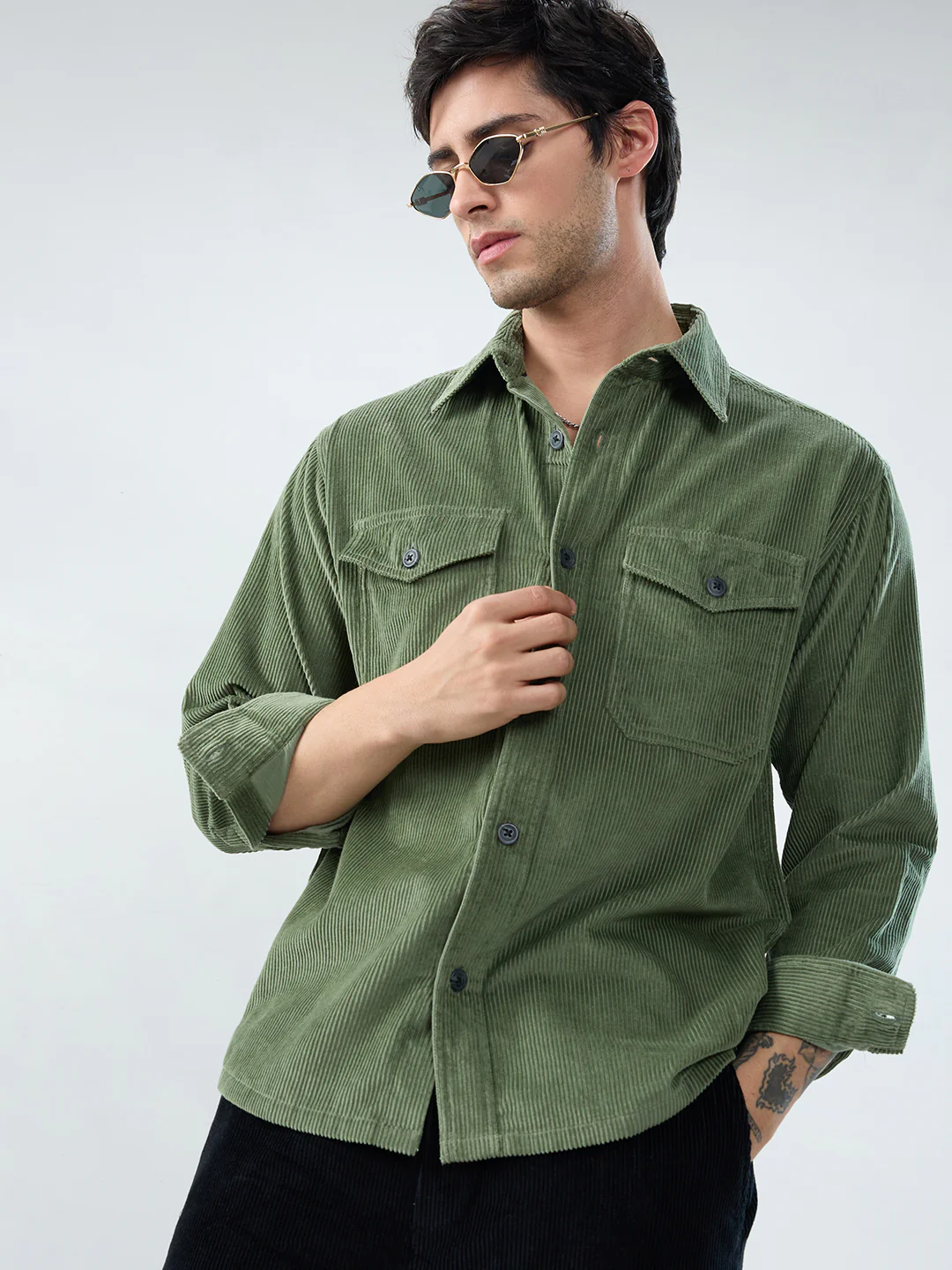 Green Mossline Structured Corduroy Double Pocket Overshirt - Image 4
