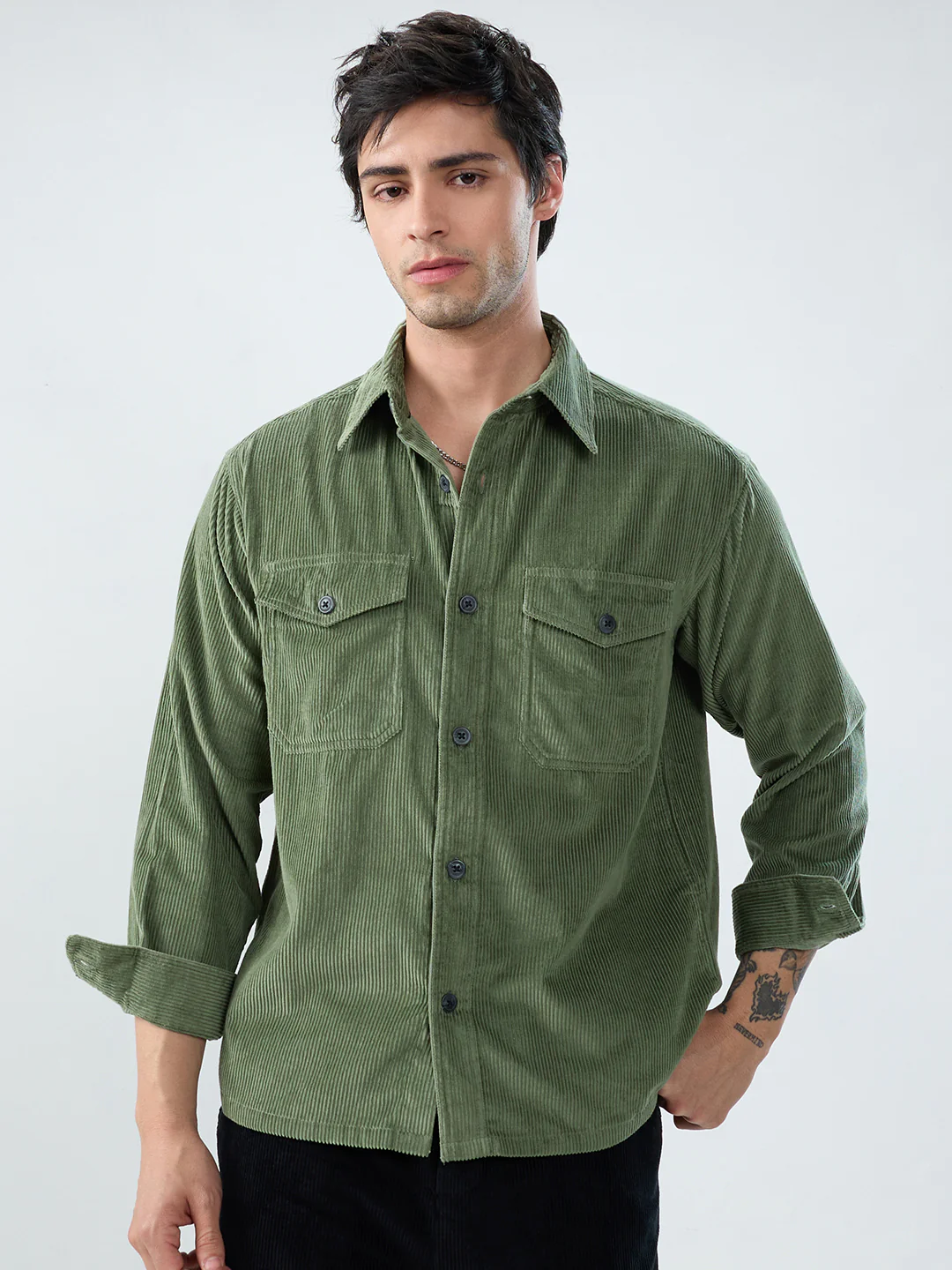 Green Mossline Structured Corduroy Double Pocket Overshirt - Image 5