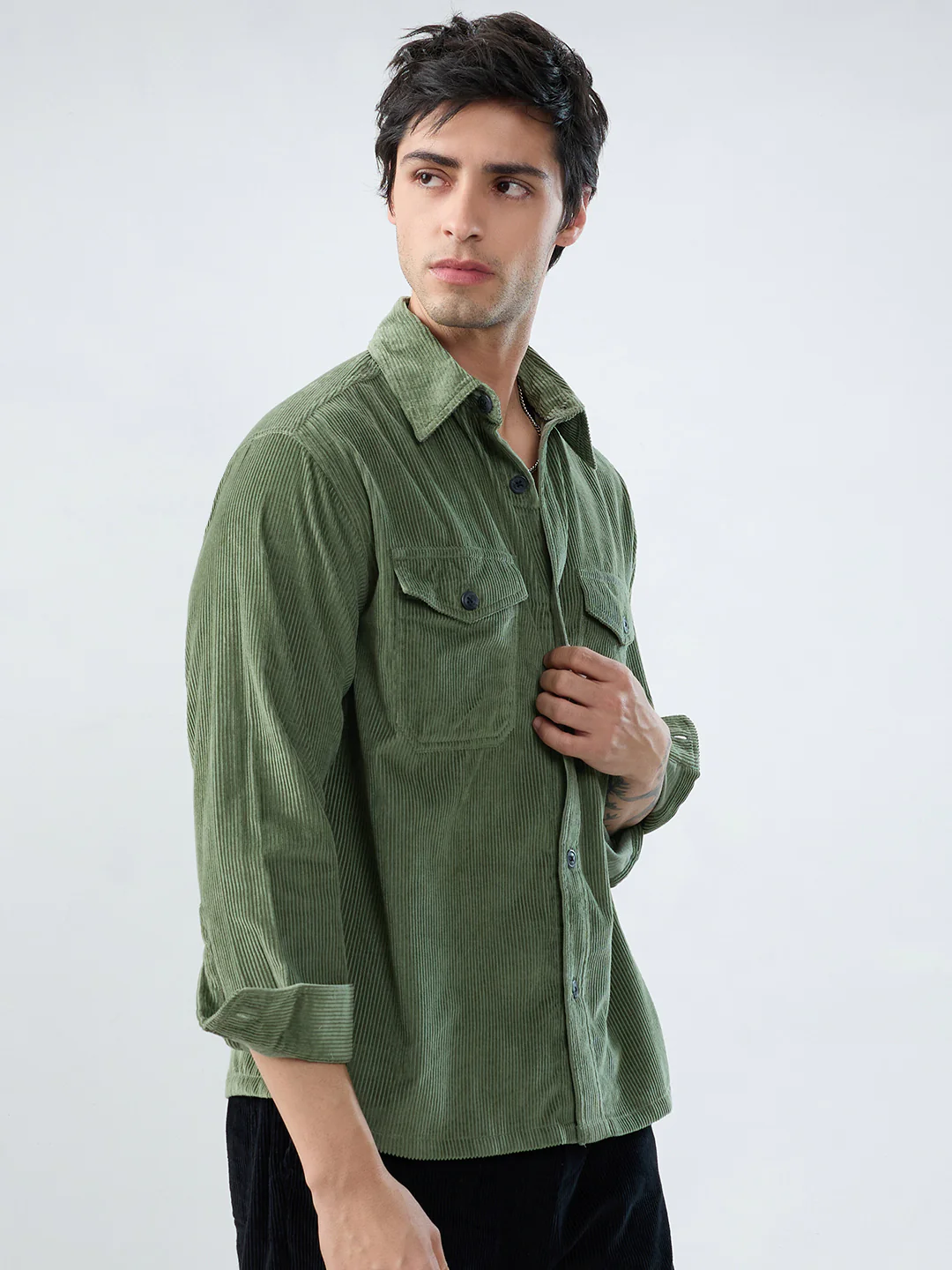 Green Mossline Structured Corduroy Double Pocket Overshirt - Image 6